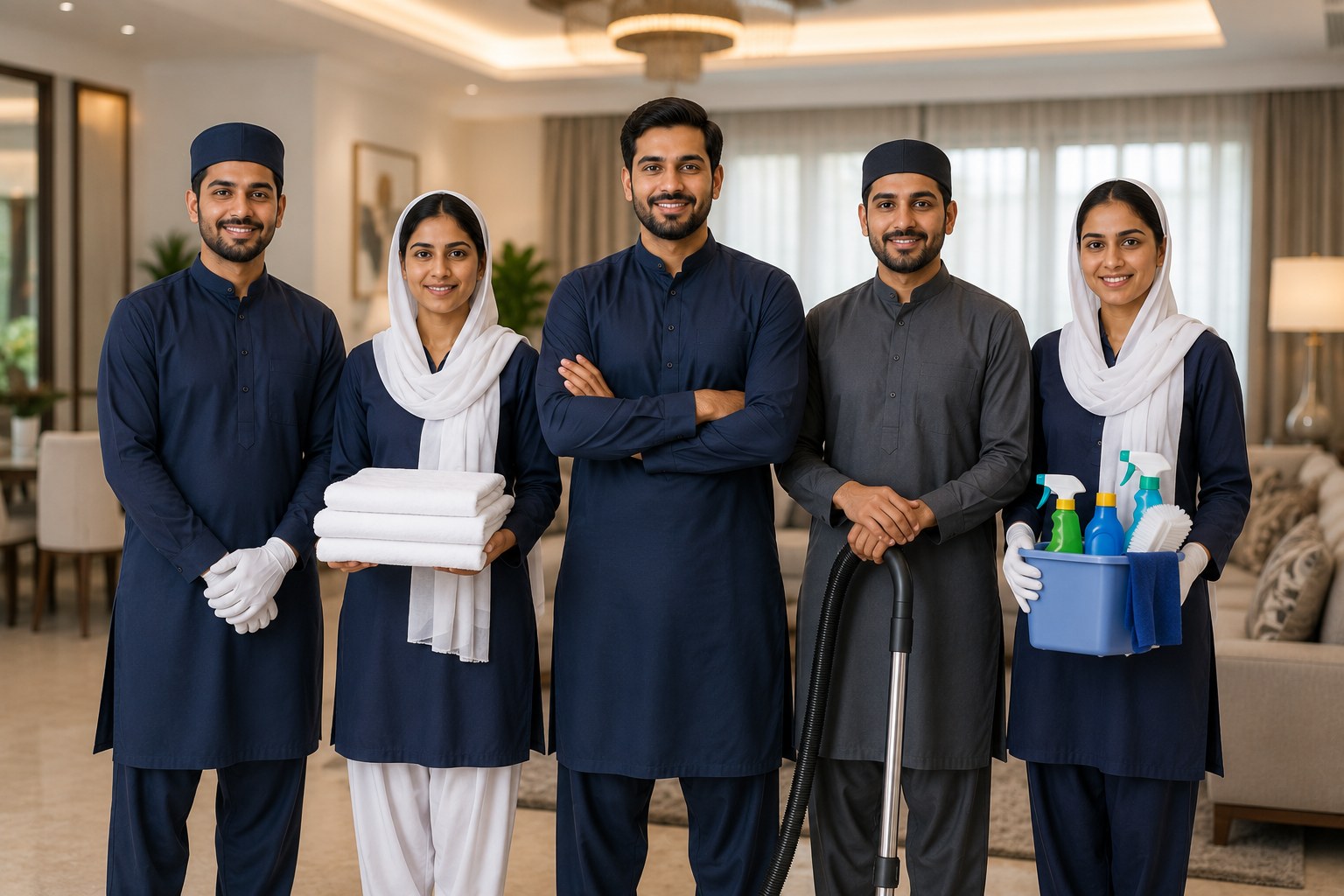 Household staff team in uniform at a home in Pakistan
