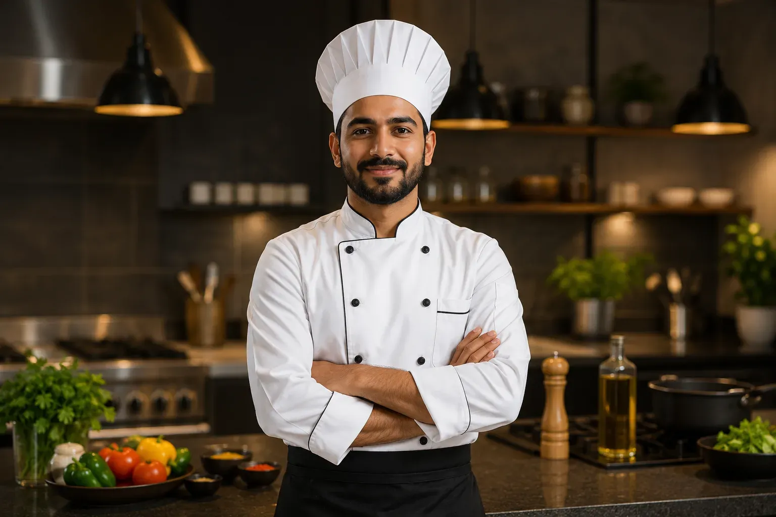 Cook and chef preparing a meal in a Pakistani kitchen
